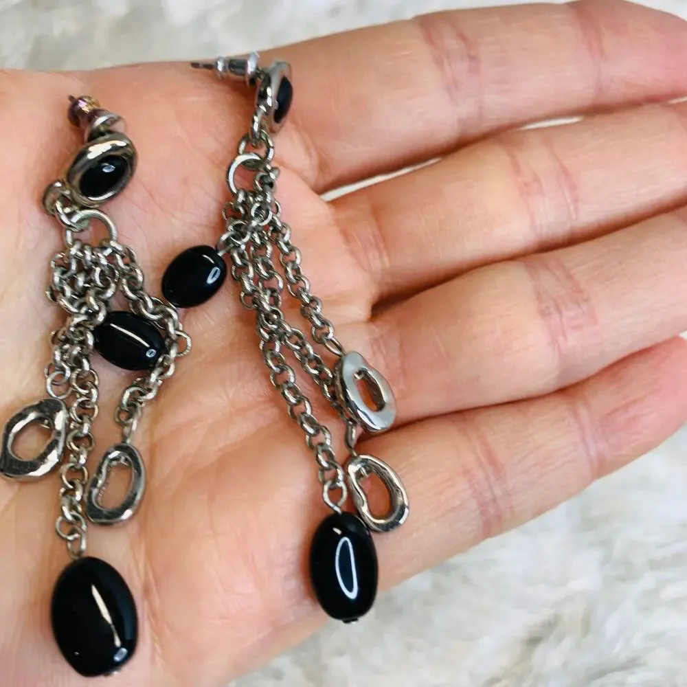 Silver Chain Earrings  Black Bead Multiple Strands 2.5
